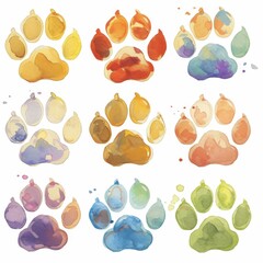 Fototapeta premium Colorful Watercolor Paw Prints Nine Vibrant Animal Tracks for Design