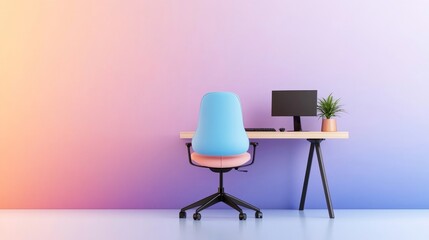 Modern Workspace with Minimalist Design Featuring a Stylish Chair, Computer Monitor, Plant, and Gradient Background in Soft Pastel Colors for Creative Inspiration