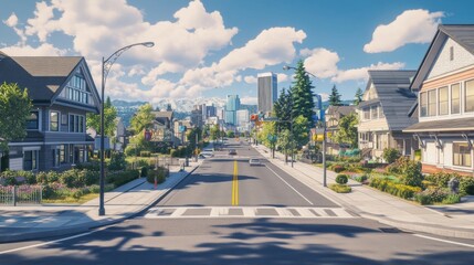 Obraz premium City street with houses, road with pedestrian crosswalk and traffic lights. Vector cartoon cityscape, urban landscape with residential buildings, overpass road and skyscraper on background