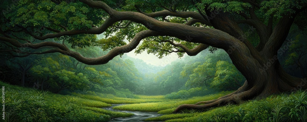 Poster a serene forest scene featuring a large, sprawling tree with lush green foliage, illuminated by soft