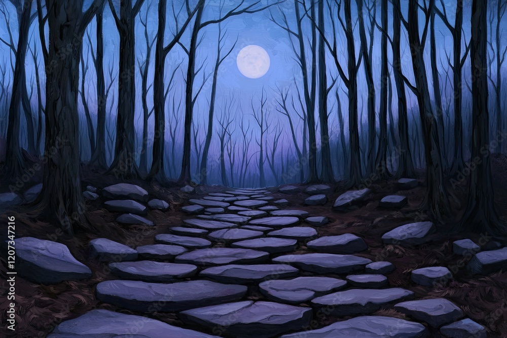 Poster a dark, moonlit path winds through a forest of bare trees, with stones lining the way, creating a my