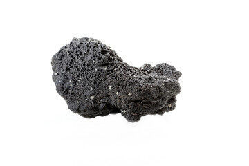 Unpolished black pumice rock cutout. Isolated over white