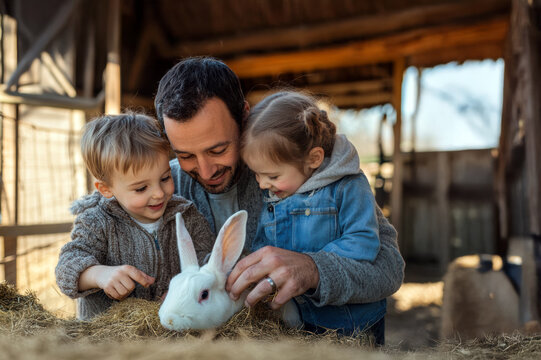 Children enjoying a warm moment petting a rabbit on a sunny day at the farm