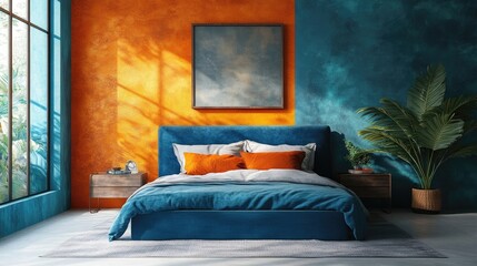 Bed against vibrant orange and blue wall with copy space in bedroom