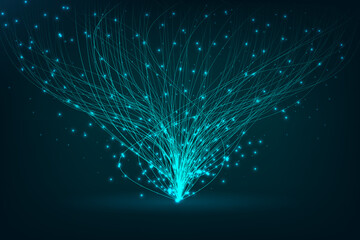 Glowing lines radiating from central point, representing data distribution and digital connectivity in a futuristic network. Concept of business, innovations, advanced technologies, digital art
