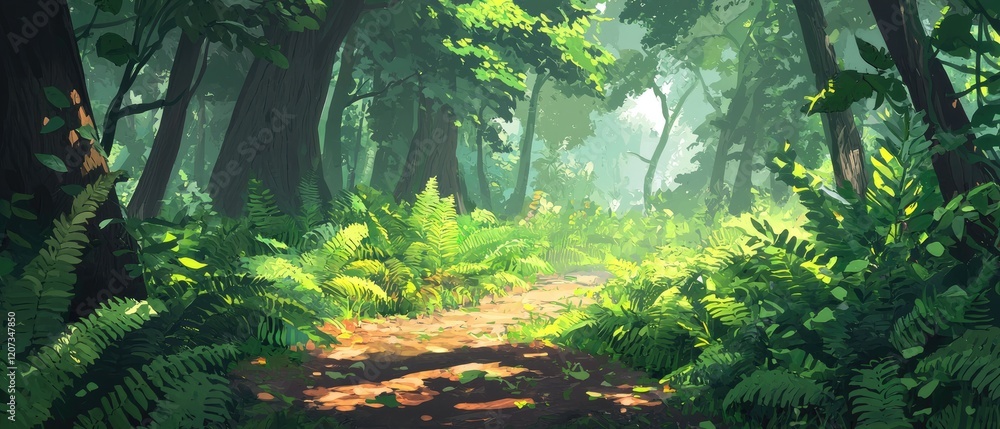 Poster a serene forest path surrounded by lush greenery and ferns, illuminated by soft sunlight filtering t