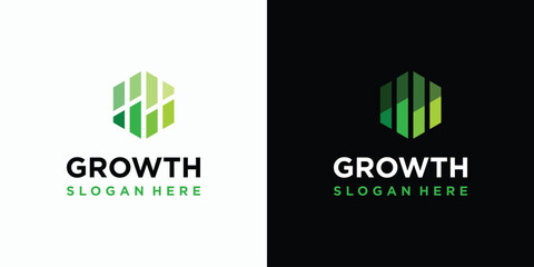 Growth chart vector logo design in hexagon shape with modern, simple, clean and abstract style. Icon for business, consulting, financial and personal branding.