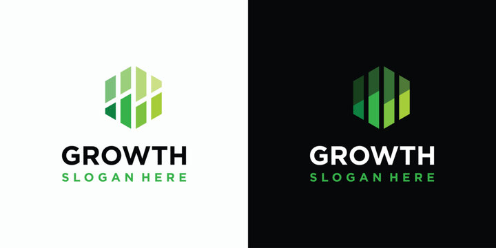 Growth chart vector logo design in hexagon shape with modern, simple, clean and abstract style. Icon for business, consulting, financial and personal branding.