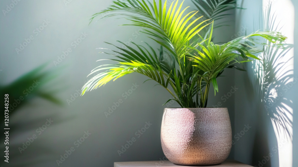 Poster lush green palm plant in textured pot displayed in a serene indoor setting with soft sunlight filter