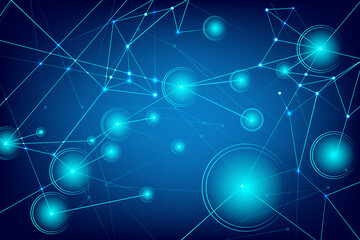 Dynamic network of interconnected nodes and circles, forming futuristic design, illustrating advanced technology and data interaction. Concept of business, innovations, network, digital art