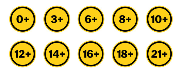 Set of orange age restriction or prohibition sign. Age limit sign collection