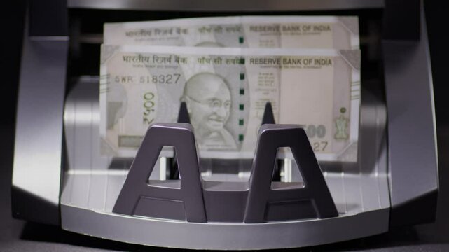 Close frontal shot of Indian five  hundred rupee notes coming out of the counting machine.