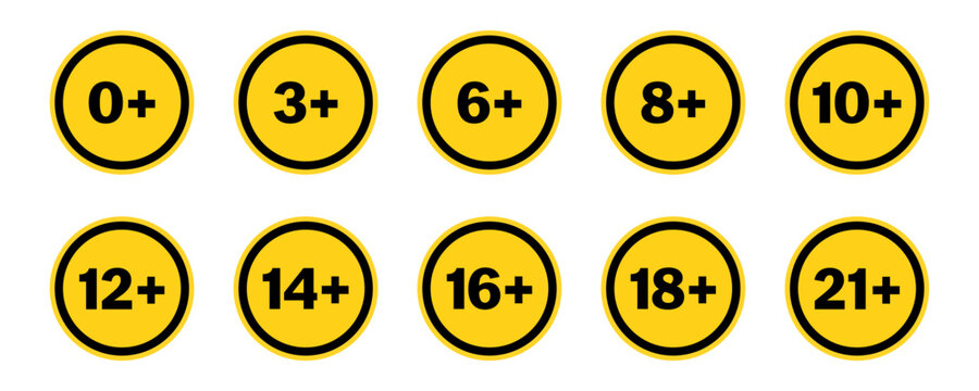 Set of orange age restriction or prohibition sign. Age limit sign collection