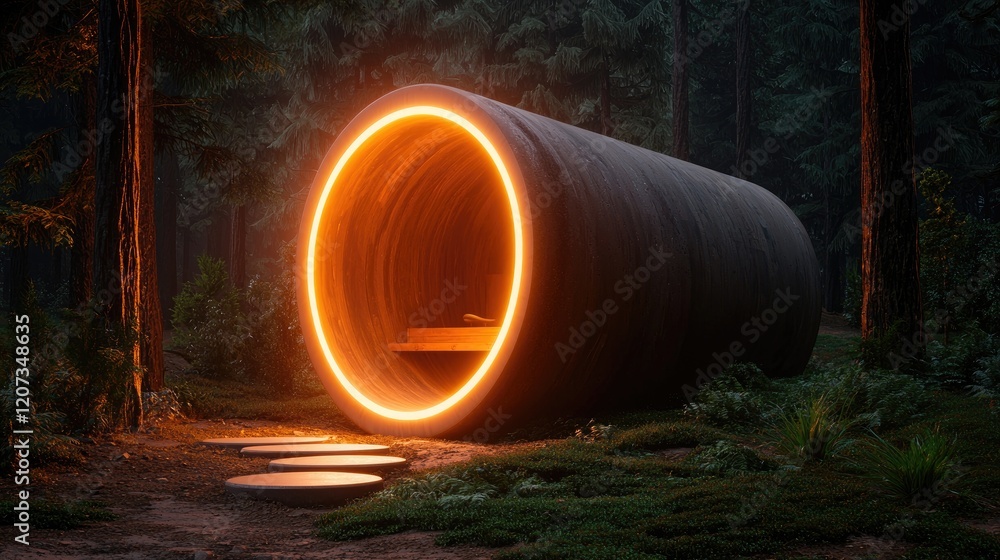Poster a glowing circular structure nestled in a dark forest, creating a magical and inviting atmosphere am