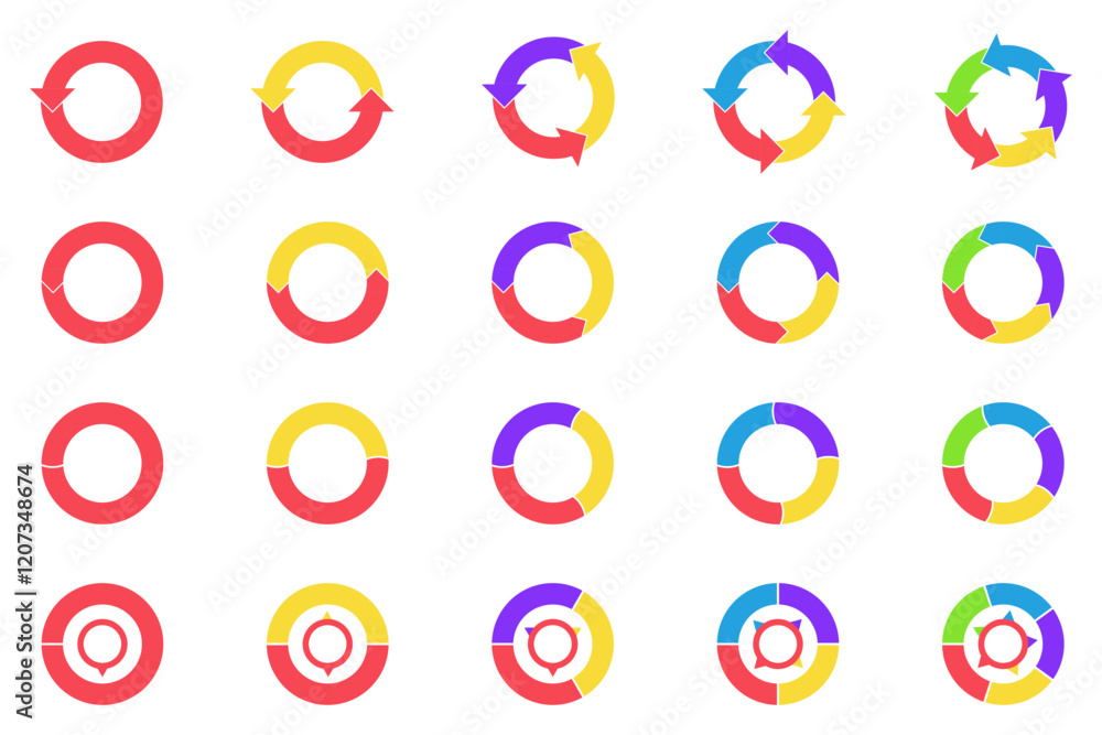 Poster Colorful circle chart arrow element icons. Multicolor spinning arrows, repeat circle combinations and reload icons