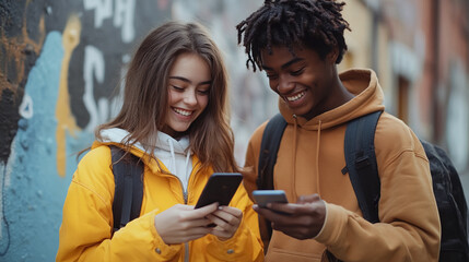  multiracial teenage students using mobile phones on school - Young friends watching social media content on smartphones. 