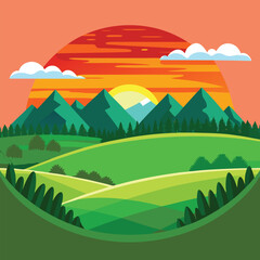 Obraz premium Vector landscape, sunset scene in nature with mountains and forest, silhouettes of trees and hills. Beautiful landscape of mountains and wild forest