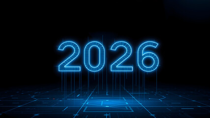 A futuristic image showcasing the year 2026 in glowing blue neon digits, set against a grid-like backdrop resembling a digital landscape