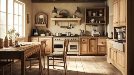 Kitchen interior in rustic house with wooden furniture and cooking appliances. Vector cartoon empty cuisine in western country style with fridge, microwave, stove and vintage dining table