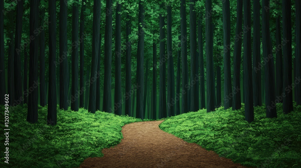 Poster a serene forest path surrounded by tall trees and lush greenery, inviting exploration and tranquilit