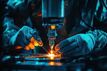 A technician uses precision tools to manipulate a glowing filament during a complex manufacturing process under blue lighting.