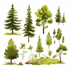 Watercolor Collection of Diverse Green Trees Conifers and Bushes for Nature Design