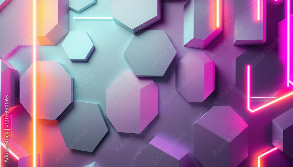 Poster abstract hexagonal shapes illuminated by neon lights