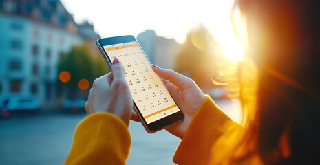Young hispanic female checking calendar on smartphone outdoors at sunset