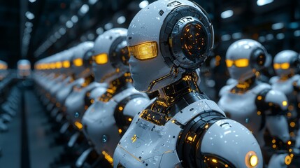 Fototapeta premium A futuristic assembly line filled with humanoid robots showcasing advanced technology and metallic designs in a high-tech environment