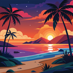 Evening on the beach with a beautiful landscape of palm trees. Evening on the beach with palm trees. colorful picture for rest. Palm trees at sunset. Orange sunset. Summer sunset. Paradise sunse