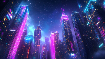 Nighttime City View with Glowing Skyscrapers and a Stunning Galactic Sky Full of Stars. Generative AI