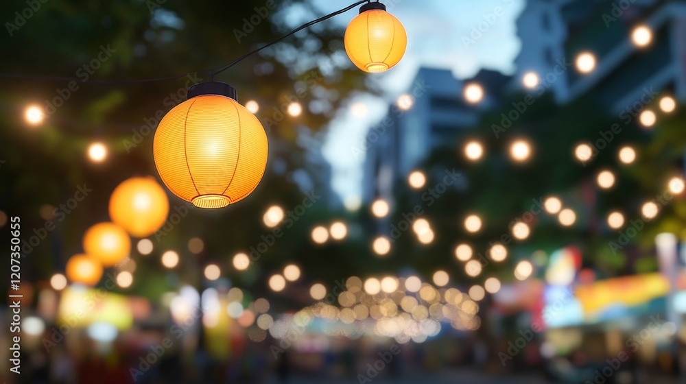 Poster beautifully illuminated vintage lanterns hanging in a lively street scene at twilight with a soft bo