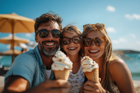 Family enjoys delicious ice cream cones together at the beach on a sunny day