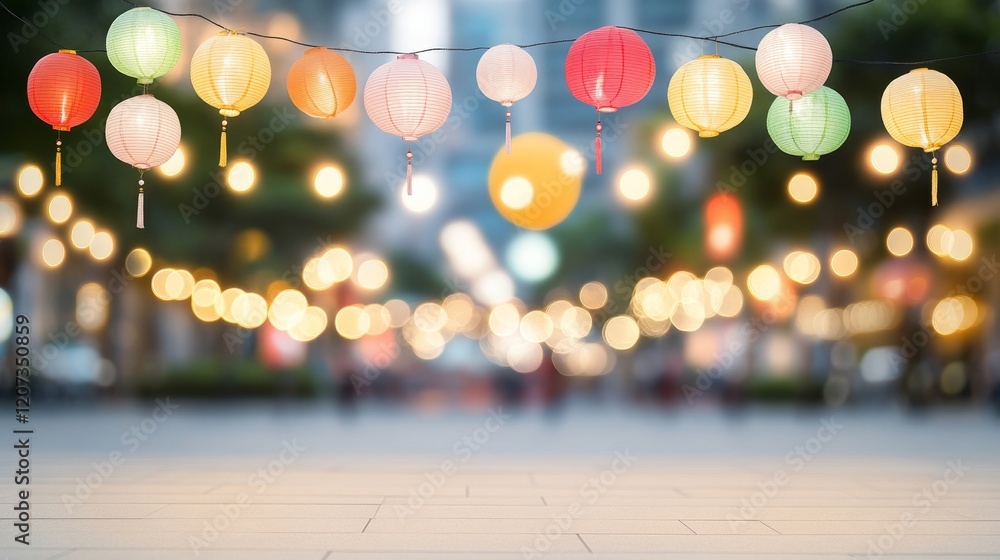 Poster beautifully illuminated lanterns hanging over a festive street with bokeh background creating a magi