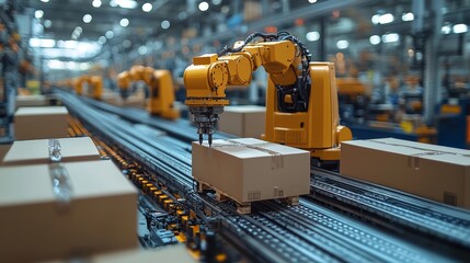 Automated robotic arm assembling packages on a conveyor belt in a modern warehouse environment with efficient logistics systems