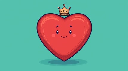 A cute, cartoon-style red heart with a smiling face and a small crown on top, set against a bright teal background.