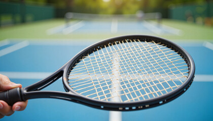Close-up tennis racket strings held in hand, sportsmanship concept