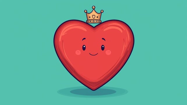 A cute, cartoon-style red heart with a smiling face and a small crown on top, set against a bright teal background.