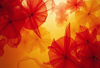 Fototapeta premium A close up of red flowers with yellow flowers in the background. The flowers are arranged in a way that they look like they are floating in the air. Scene is one of beauty and serenity