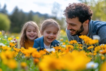 Family enjoying time together while collecting and pressing flowers in a sunny meadow