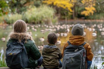 Children enjoying a peaceful moment watching ducks at a tranquil pond in autumn