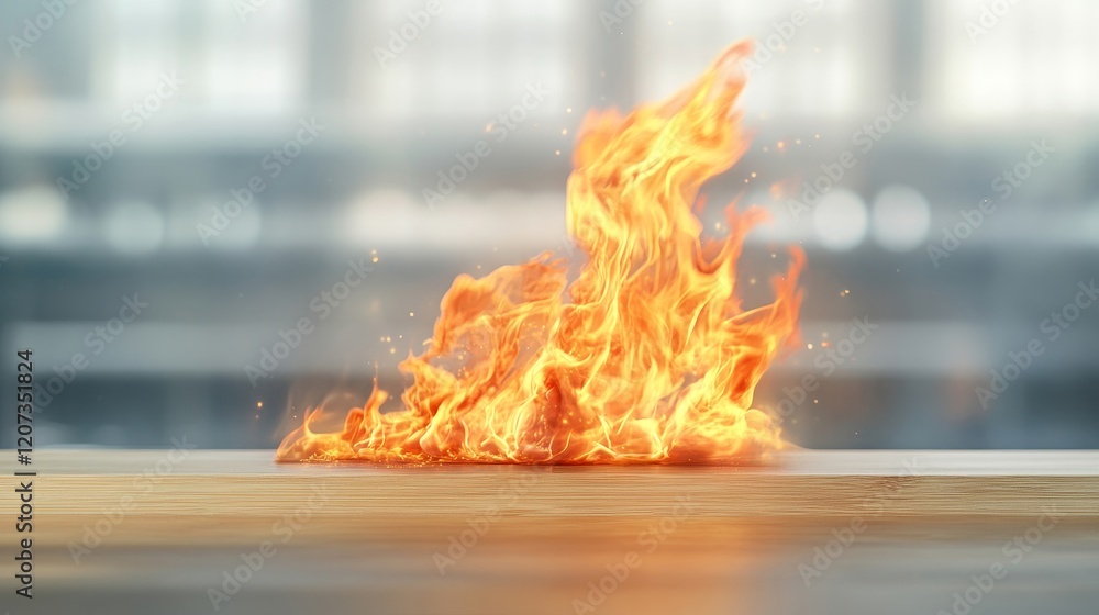 Poster vibrant flame igniting above a wooden surface in a modern setting with soft blurred background