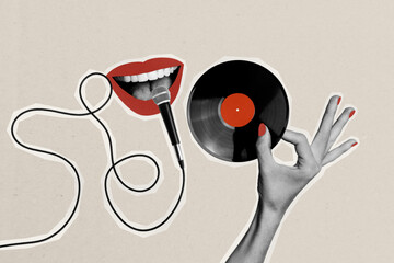Sketch image artwork composite 3D photo collage of anonymous mouth talk sing song microphone hand...
