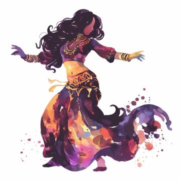 Elegant Watercolor Painting of a Belly Dancer in Flowing Purple and Orange Attire