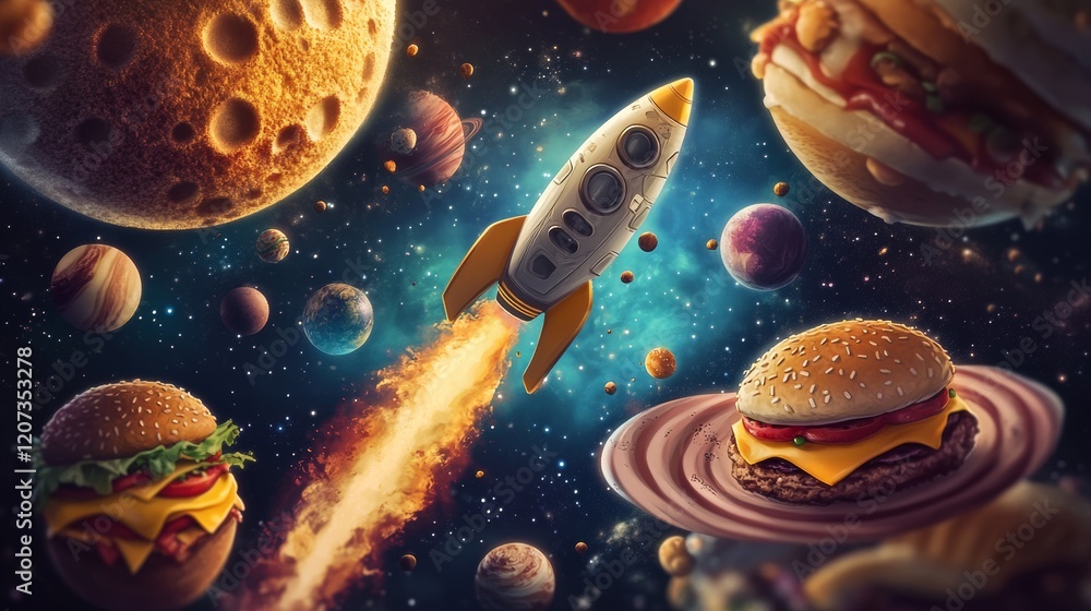 Poster space food game level map. vector ui play design with rocket in funny universe with alien planets wi