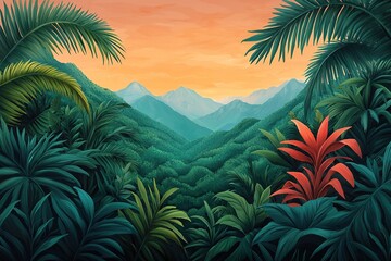 Obraz premium A vibrant tropical landscape at sunset, featuring lush greenery, mountains in the background, and a pop of red foliage.