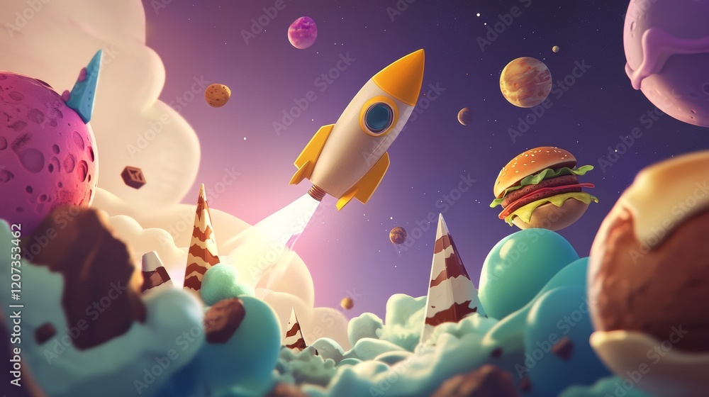 Aufkleber space food game level map. vector ui play design with rocket in funny universe with alien planets wi