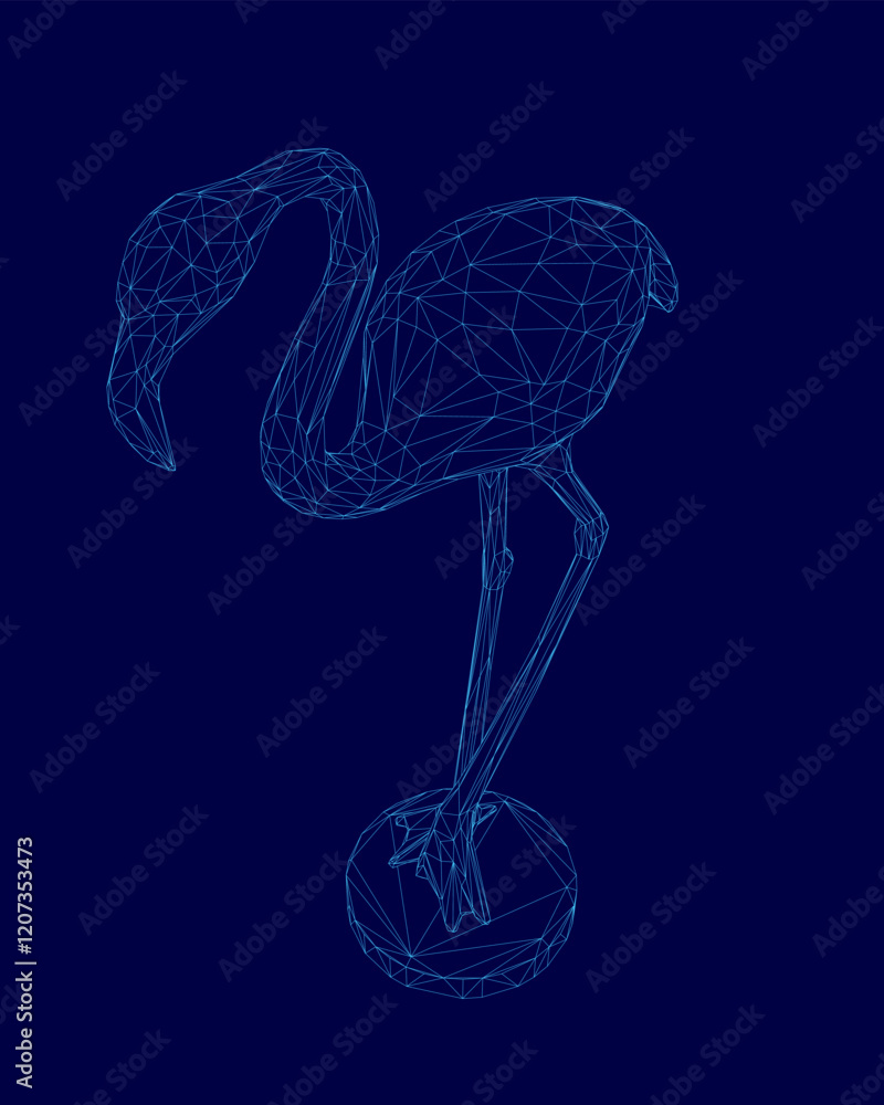 Poster blue image of a flamingo standing on a ball. the image is a digital rendering of a 3d model of a fla