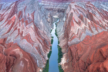 Aerial view of Rio San Juan cutting through Utah's red rock landscape