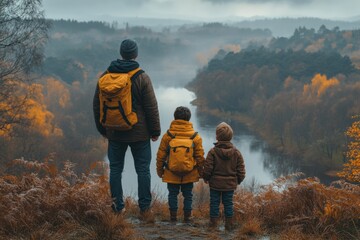 Obraz premium Family enjoys a scenic view together by the river in autumn